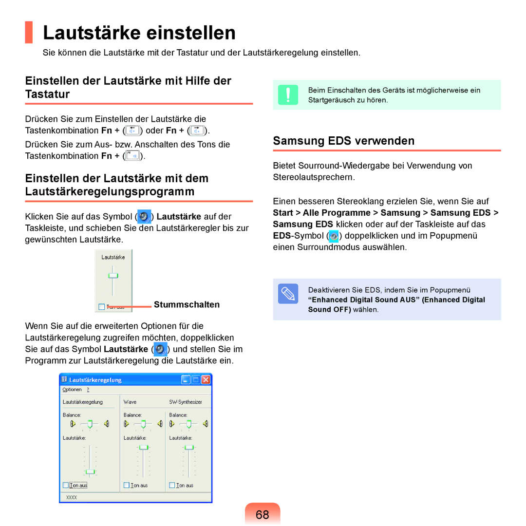 Samsung NP-P55AV01/SEG Lautstärke einstellen, Einstellen der Lautstärke mit Hilfe der Tastatur, Samsung EDS verwenden 