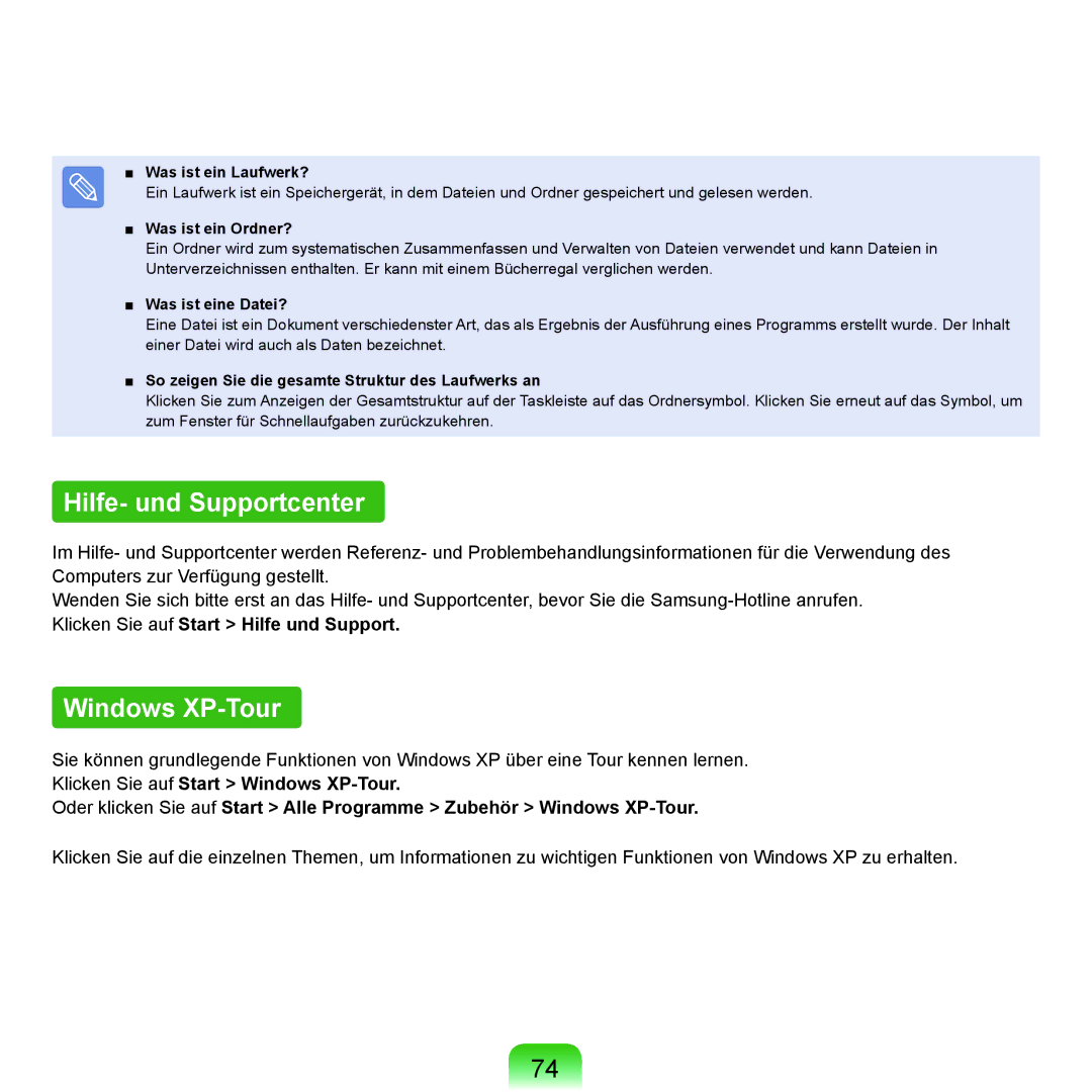 Samsung NP-P55T005/SEG, NP-P55AH01/SEG, NP-P55T004/SEG, NP-P55T002/SEG manual Hilfe- und Supportcenter, Windows XP-Tour 