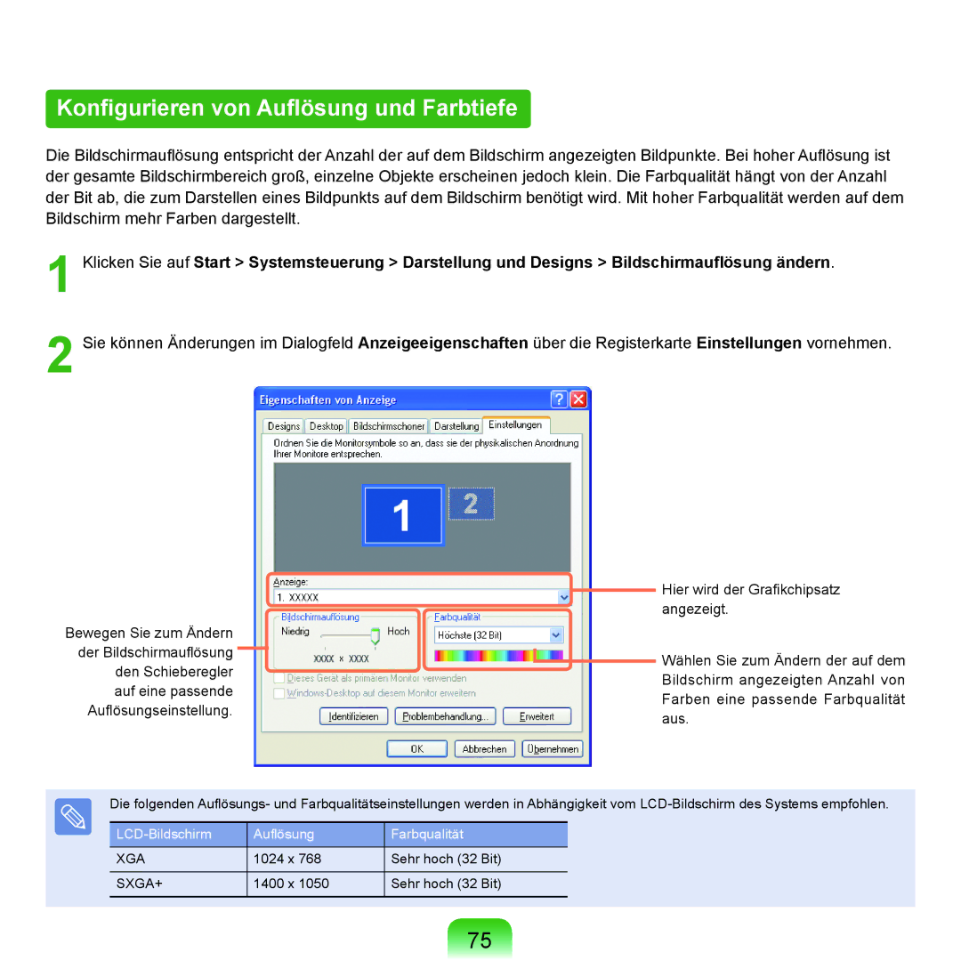 Samsung NP-P55TP01/SEG, NP-P55AH01/SEG, NP-P55T004/SEG, NP-P55T002/SEG manual Konfigurieren von Auflösung und Farbtiefe 