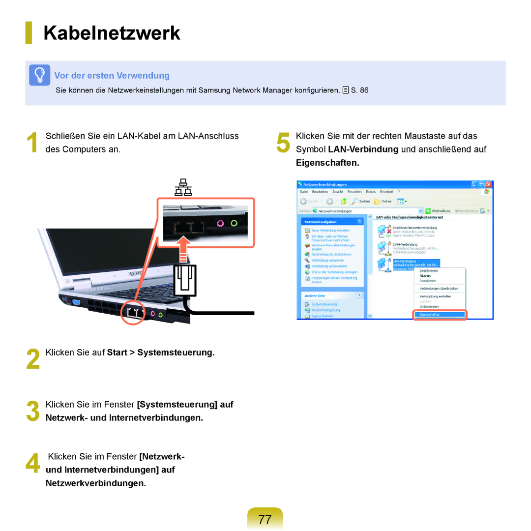 Samsung NP-P55T003/SEG manual Kabelnetzwerk, Klicken Sie auf Start Systemsteuerung, Netzwerk- und Internetverbindungen 