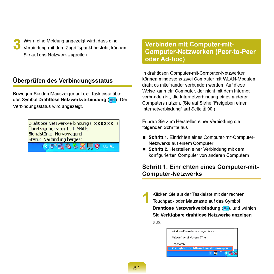 Samsung NP-P55T002/SEG Überprüfen des Verbindungsstatus, Schritt 1. Einrichten eines Computer-mit- Computer-Netzwerks 