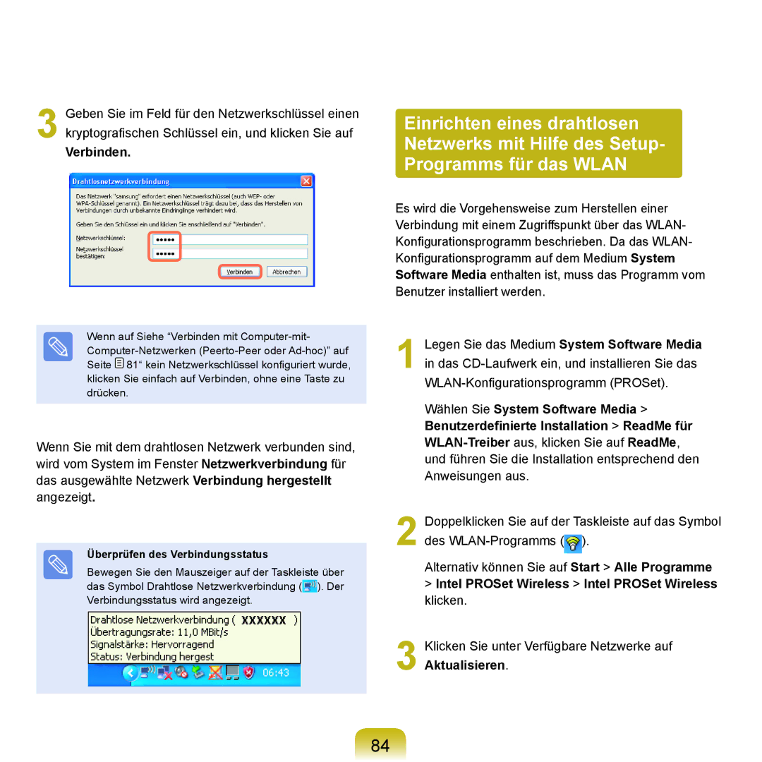 Samsung NP-P55AV01/SEG manual Intel PROSet Wireless Intel PROSet Wireless klicken, Überprüfen des Verbindungsstatus 