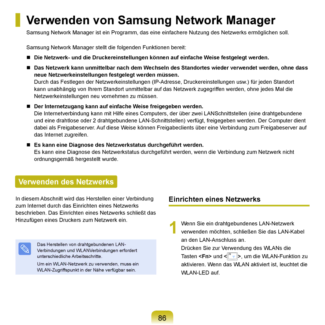 Samsung NP-P55TV01/SEG manual Verwenden von Samsung Network Manager, Verwenden des Netzwerks, Einrichten eines Netzwerks 