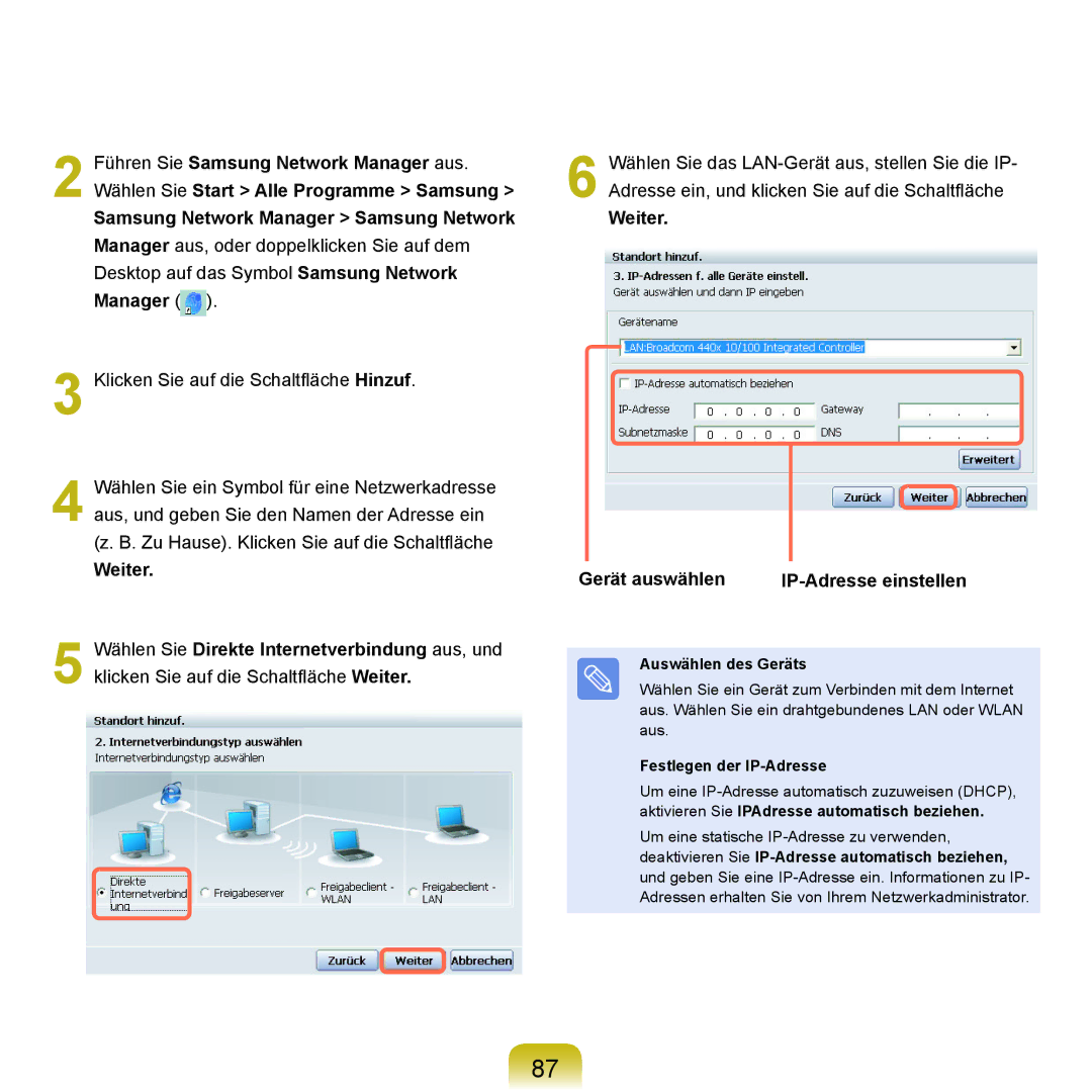 Samsung NP-P55TP02/SEG manual Weiter Gerät auswählen IP-Adresse einstellen, Auswählen des Geräts, Festlegen der IP-Adresse 