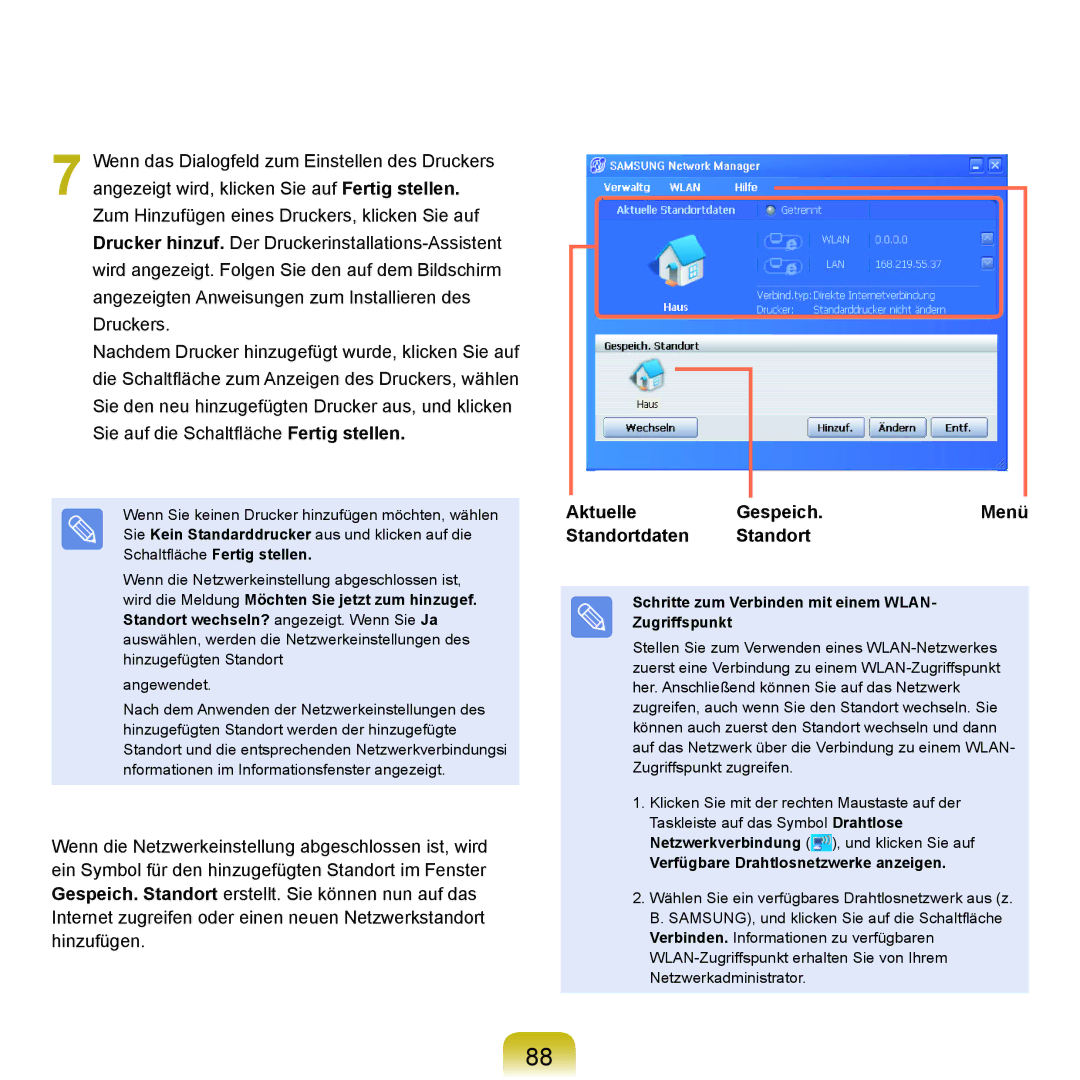 Samsung NP-P55ZBM/SEG Aktuelle Gespeich.Menü Standortdaten Standort, Schritte zum Verbinden mit einem Wlan Zugriffspunkt 