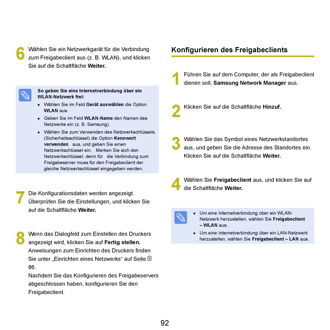 Samsung NP-P55TP03/SEG, NP-P55AH01/SEG, NP-P55T004/SEG, NP-P55T002/SEG manual Konfigurieren des Freigabeclients, Wlan aus 