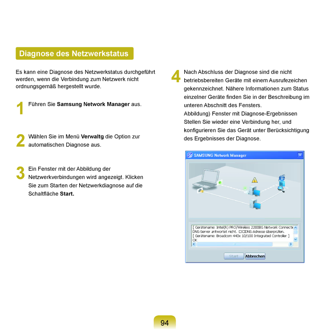 Samsung NP-P55T000/SEG, NP-P55AH01/SEG, NP-P55T004/SEG Diagnose des Netzwerkstatus, Führen Sie Samsung Network Manager aus 