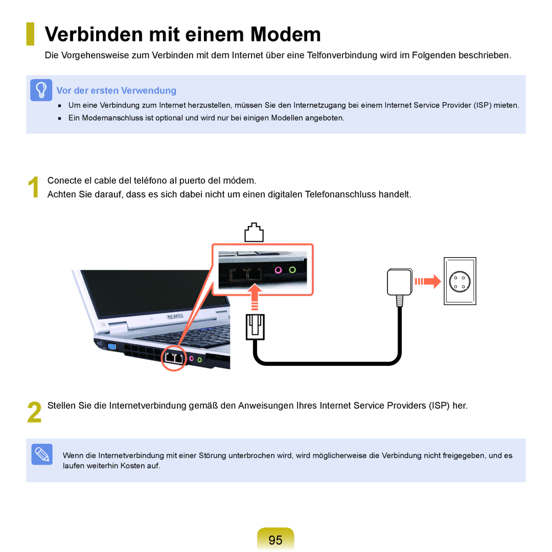 Samsung NP-P55AH01/SEG, NP-P55T004/SEG, NP-P55T002/SEG, NP-P55T001/SEG, NP-P55T006/SEG manual Verbinden mit einem Modem 