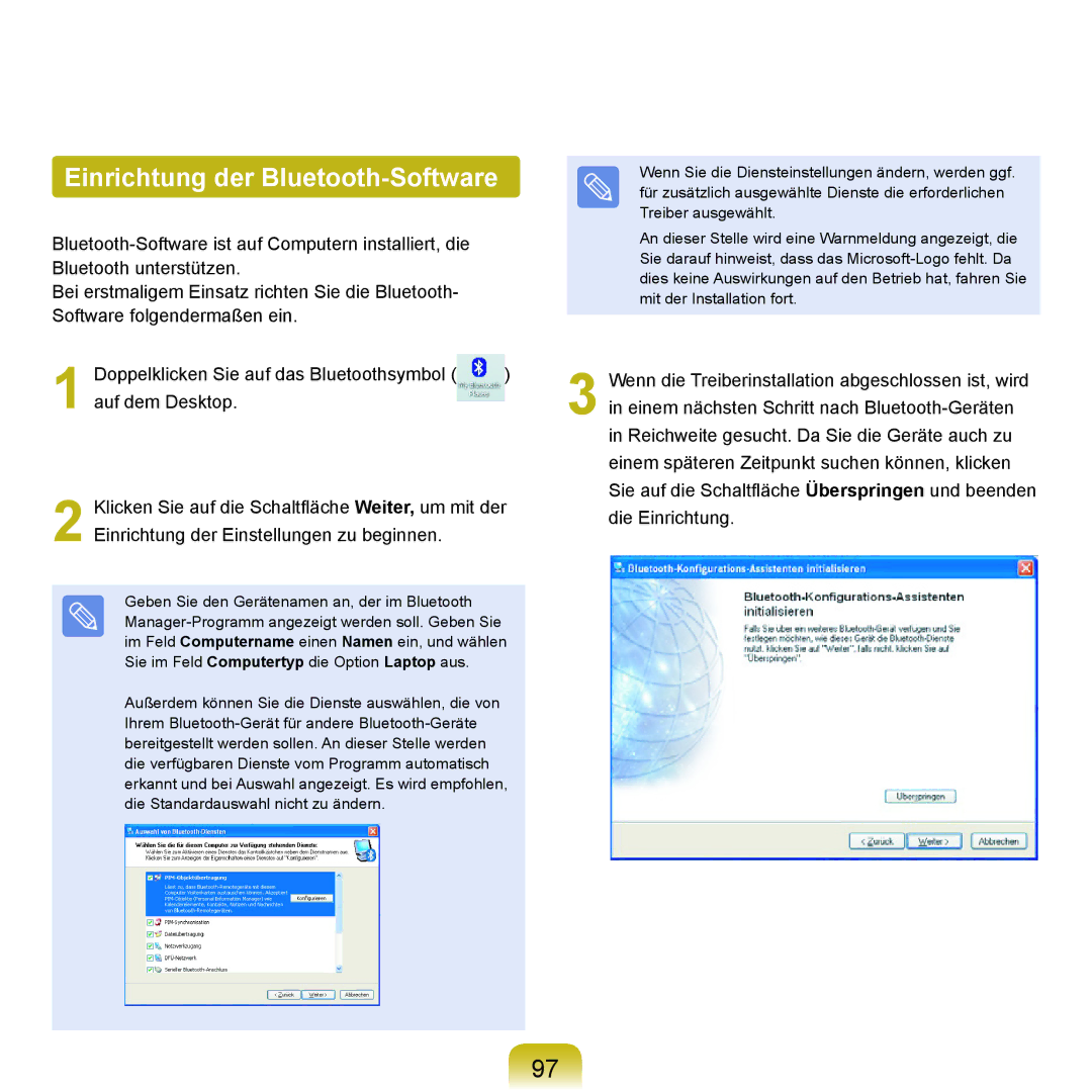 Samsung NP-P55T002/SEG, NP-P55AH01/SEG, NP-P55T004/SEG, NP-P55T001/SEG, NP-P55T006/SEG Einrichtung der Bluetooth-Software 