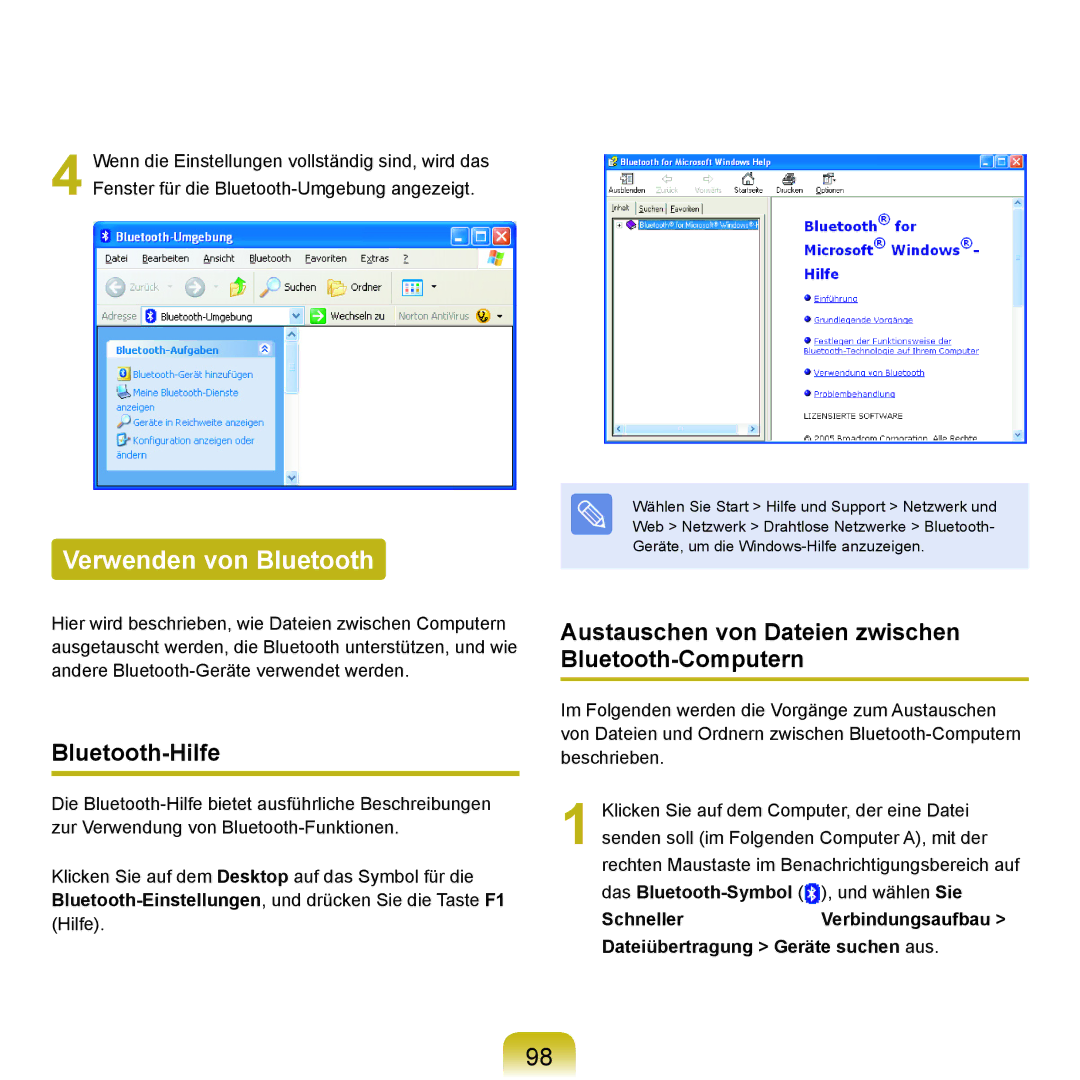 Samsung NP-P55T001/SEG Verwenden von Bluetooth, Bluetooth-Hilfe, Austauschen von Dateien zwischen Bluetooth-Computern 