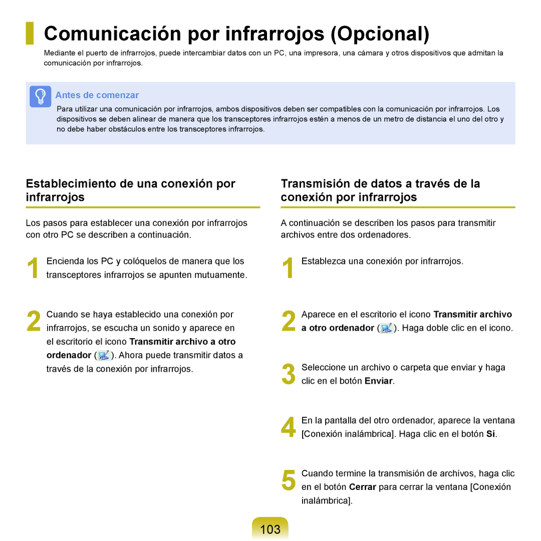 Samsung NP-P55CV01/SES manual Comunicación por infrarrojos Opcional, 103, Establecimiento de una conexión por infrarrojos 