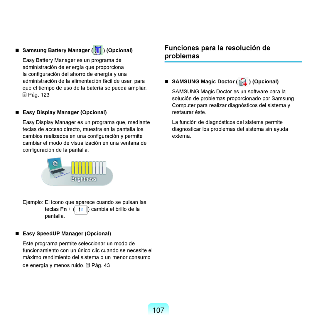 Samsung NP-P55ZBM/SES, NP-P55/V01/SES manual 107, Funciones para la resolución de problemas,  Easy Display Manager Opcional 