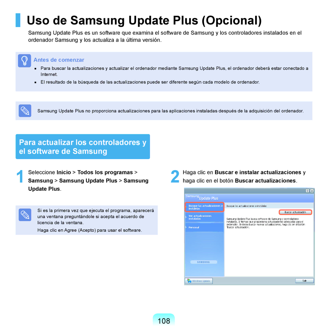 Samsung NP-P55/V01/SES Uso de Samsung Update Plus Opcional, Para actualizar los controladores y el software de Samsung 