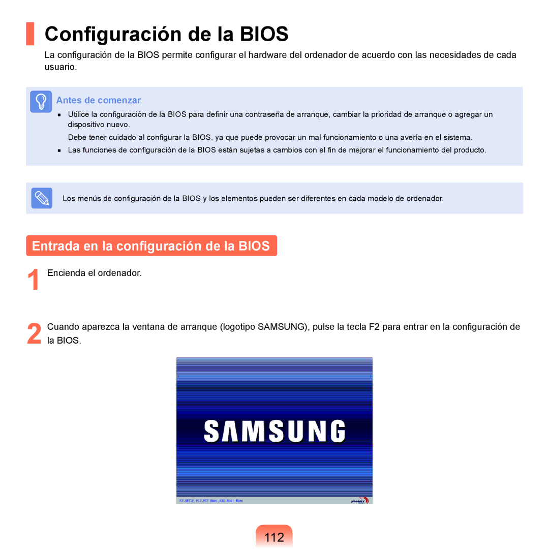 Samsung NP-P55CV02/SES, NP-P55ZBM/SES, NP-P55/V01/SES Configuración de la Bios, Entrada en la configuración de la Bios, 112 