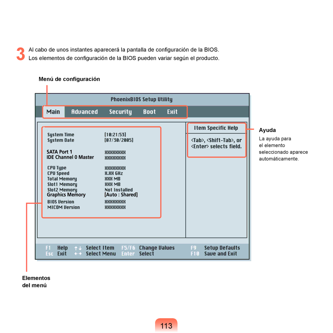 Samsung NP-P55ZBM/SES, NP-P55/V01/SES, NP-P55CV01/SES, NP-P55TV01/SES 113, Menú de configuración, Ayuda, Elementos, Del menú 