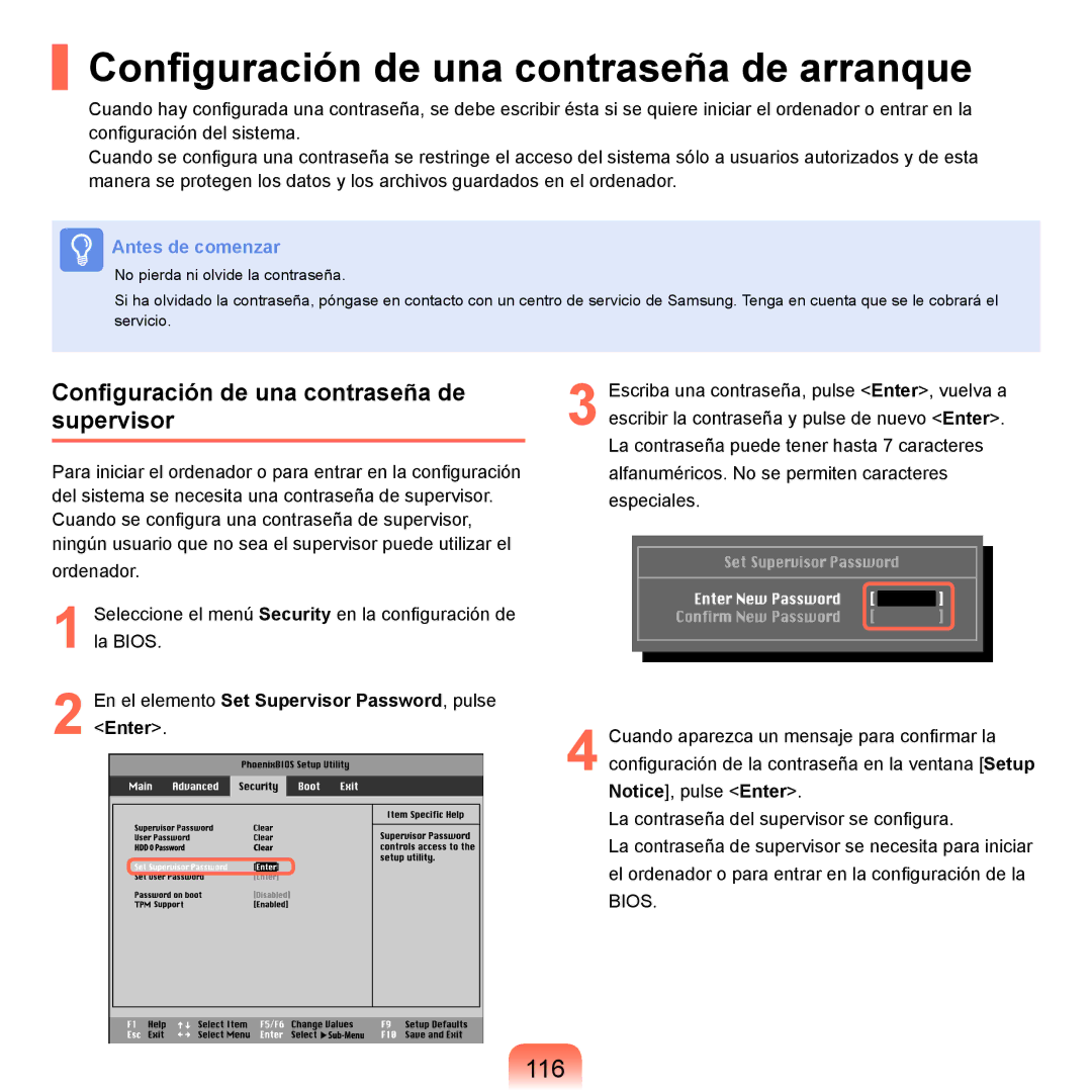 Samsung NP-P55TV01/SES Configuración de una contraseña de arranque, 116, Configuración de una contraseña de supervisor 