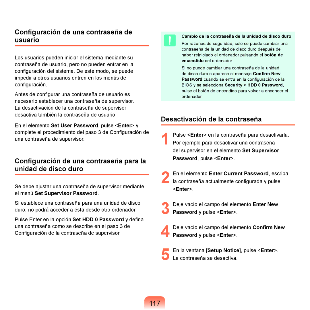 Samsung NP-P55T000/SES, NP-P55ZBM/SES manual 117, Configuración de una contraseña de usuario, Desactivación de la contraseña 