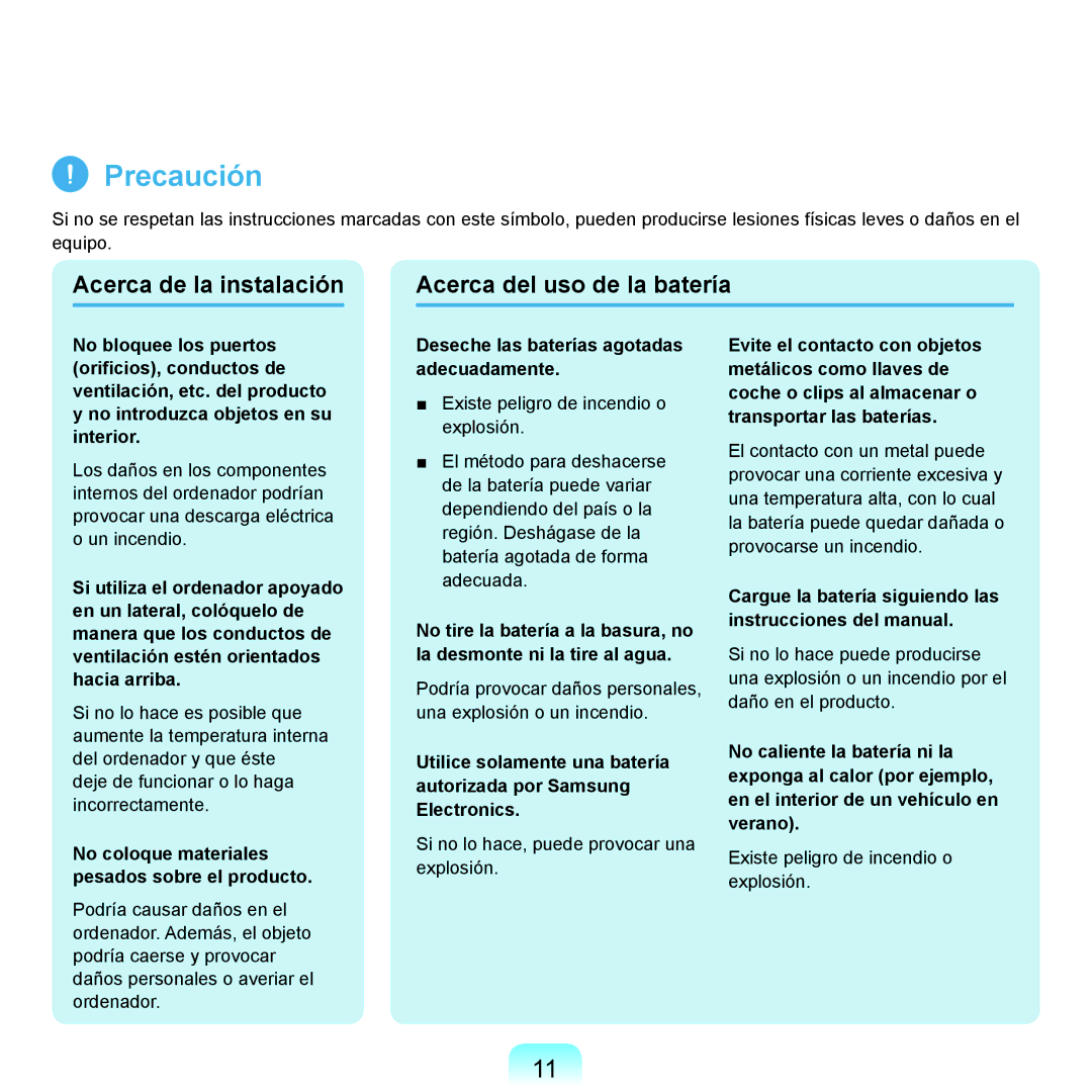 Samsung NP-P55ZBM/SES Acerca de la instalación Acerca del uso de la batería, Deseche las baterías agotadas adecuadamente 