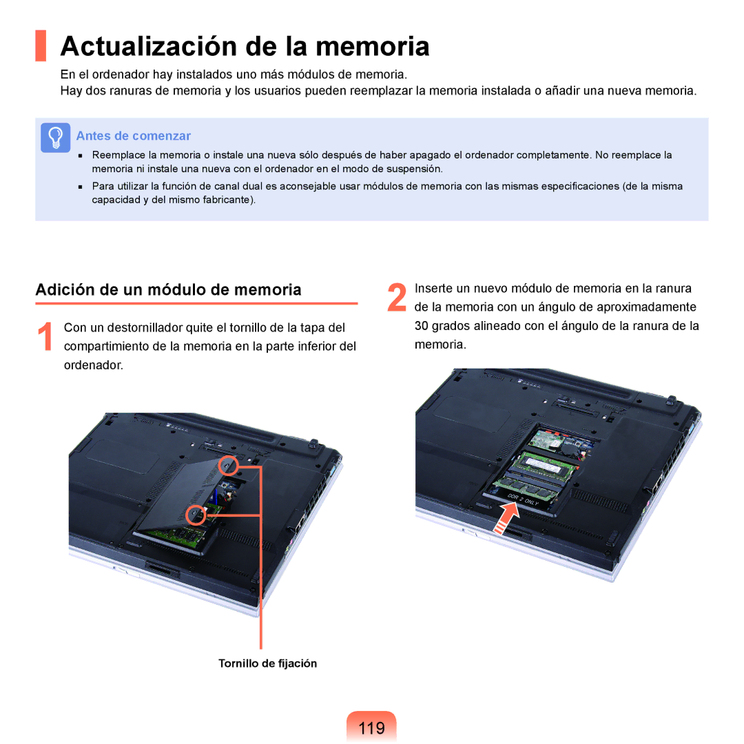 Samsung NP-P55ZBM/SES, NP-P55/V01/SES, NP-P55CV01/SES Actualización de la memoria, 119, Adición de un módulo de memoria 