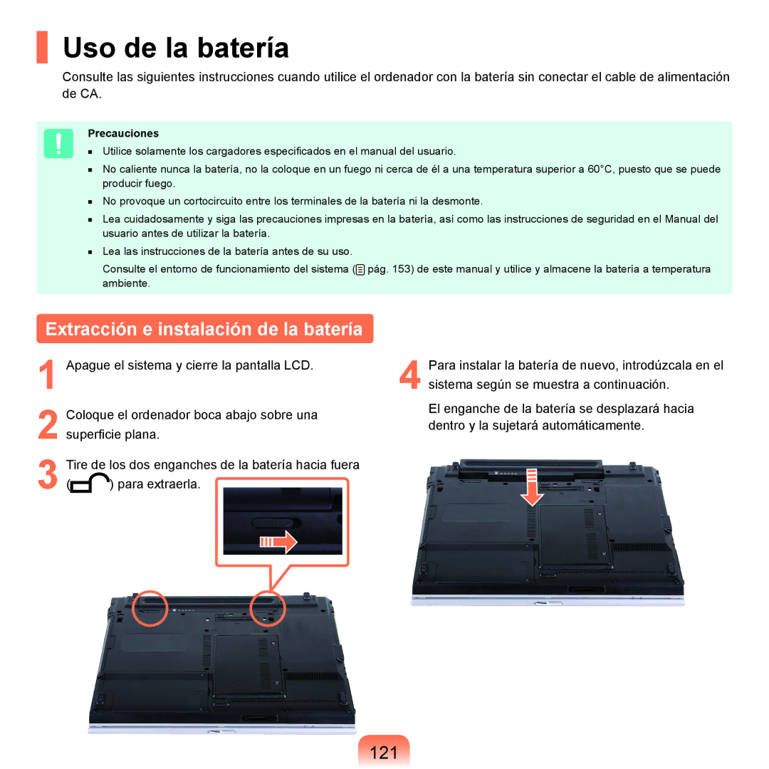 Samsung NP-P55CV01/SES, NP-P55ZBM/SES manual Uso de la batería, Extracción e instalación de la batería, 121, Precauciones 