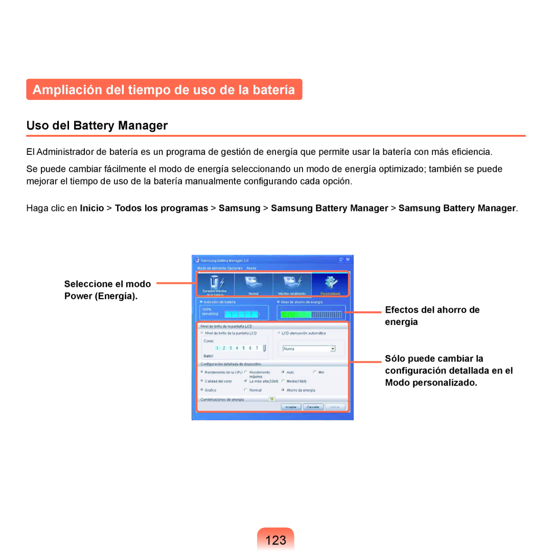 Samsung NP-P55T000/SES, NP-P55ZBM/SES manual Ampliación del tiempo de uso de la batería, 123, Uso del Battery Manager 