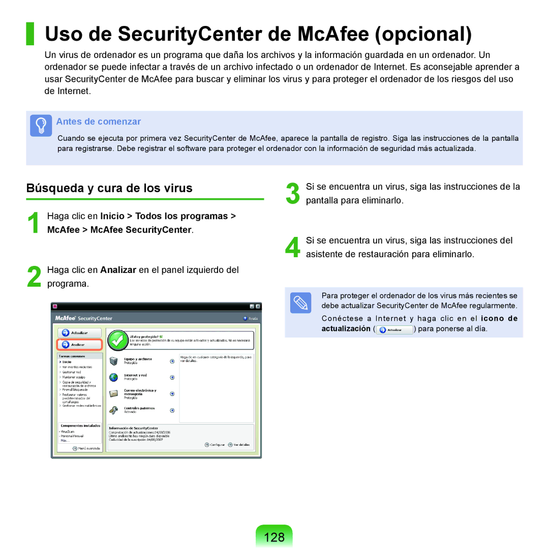 Samsung NP-P55TV01/SES manual Uso de SecurityCenter de McAfee opcional, 128, Búsqueda y cura de los virus, Actualización 