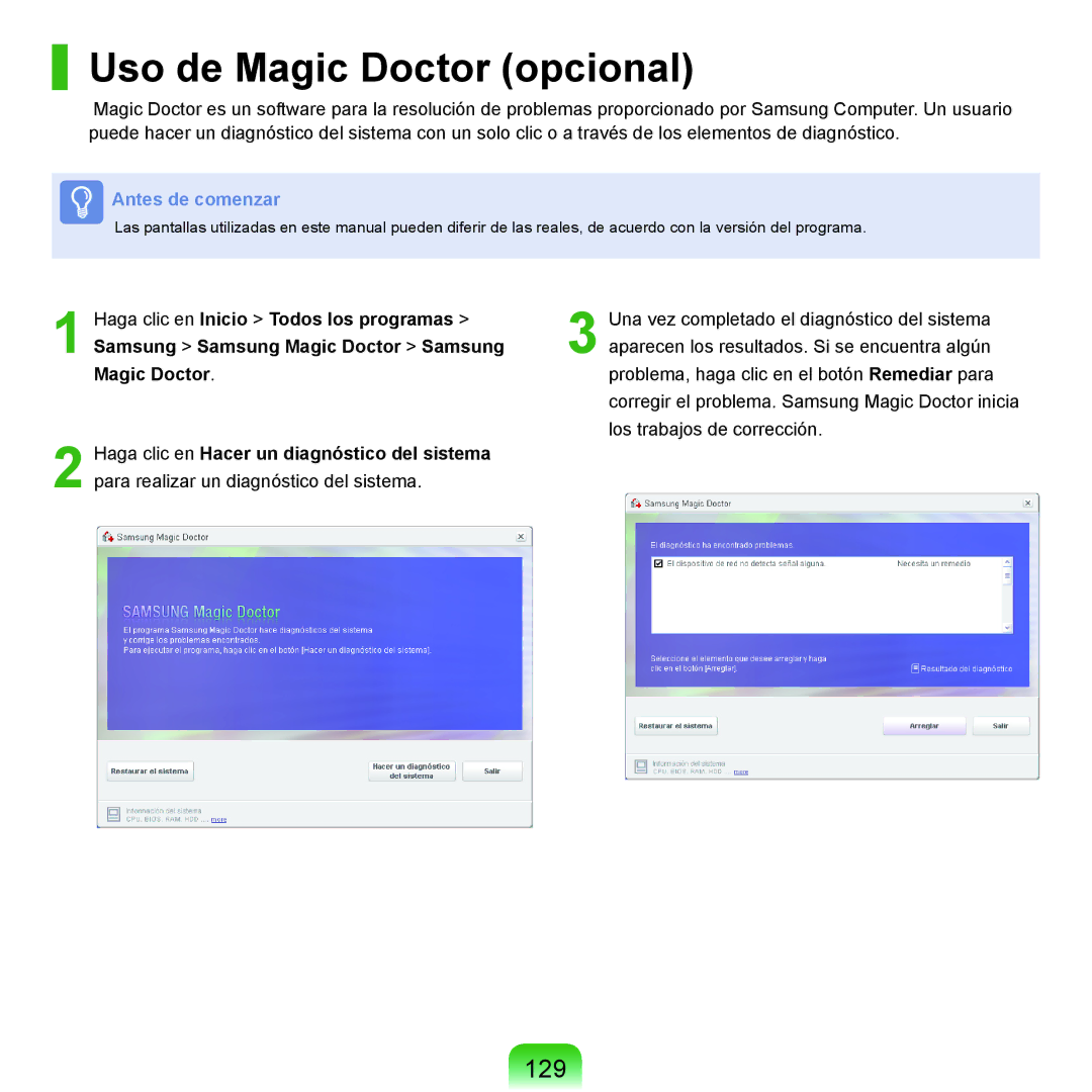 Samsung NP-P55T000/SES, NP-P55ZBM/SES, NP-P55/V01/SES, NP-P55CV01/SES, NP-P55TV01/SES manual Uso de Magic Doctor opcional, 129 