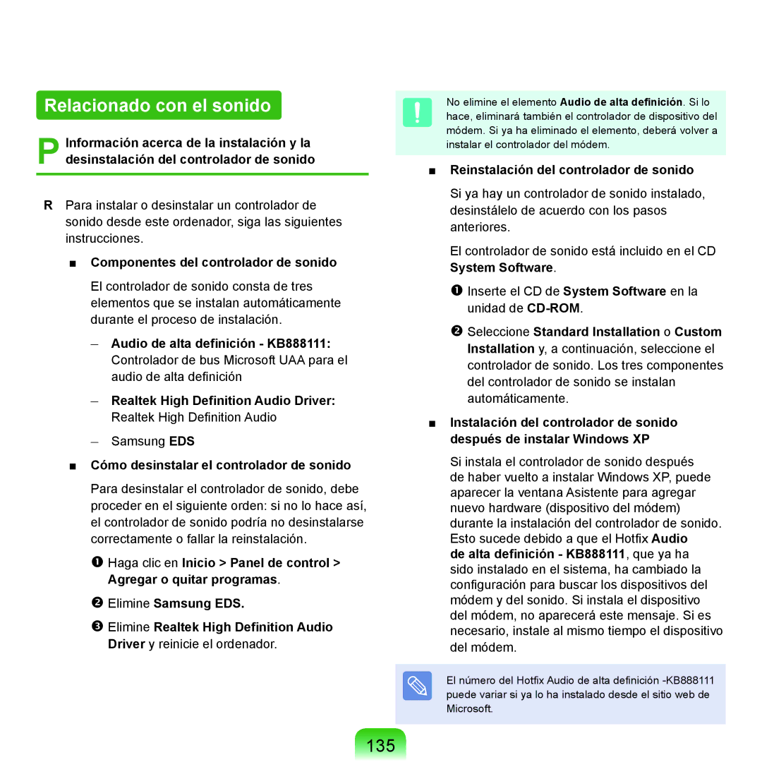 Samsung NP-P55T000/SES, NP-P55ZBM/SES, NP-P55/V01/SES Relacionado con el sonido, 135, Componentes del controlador de sonido 