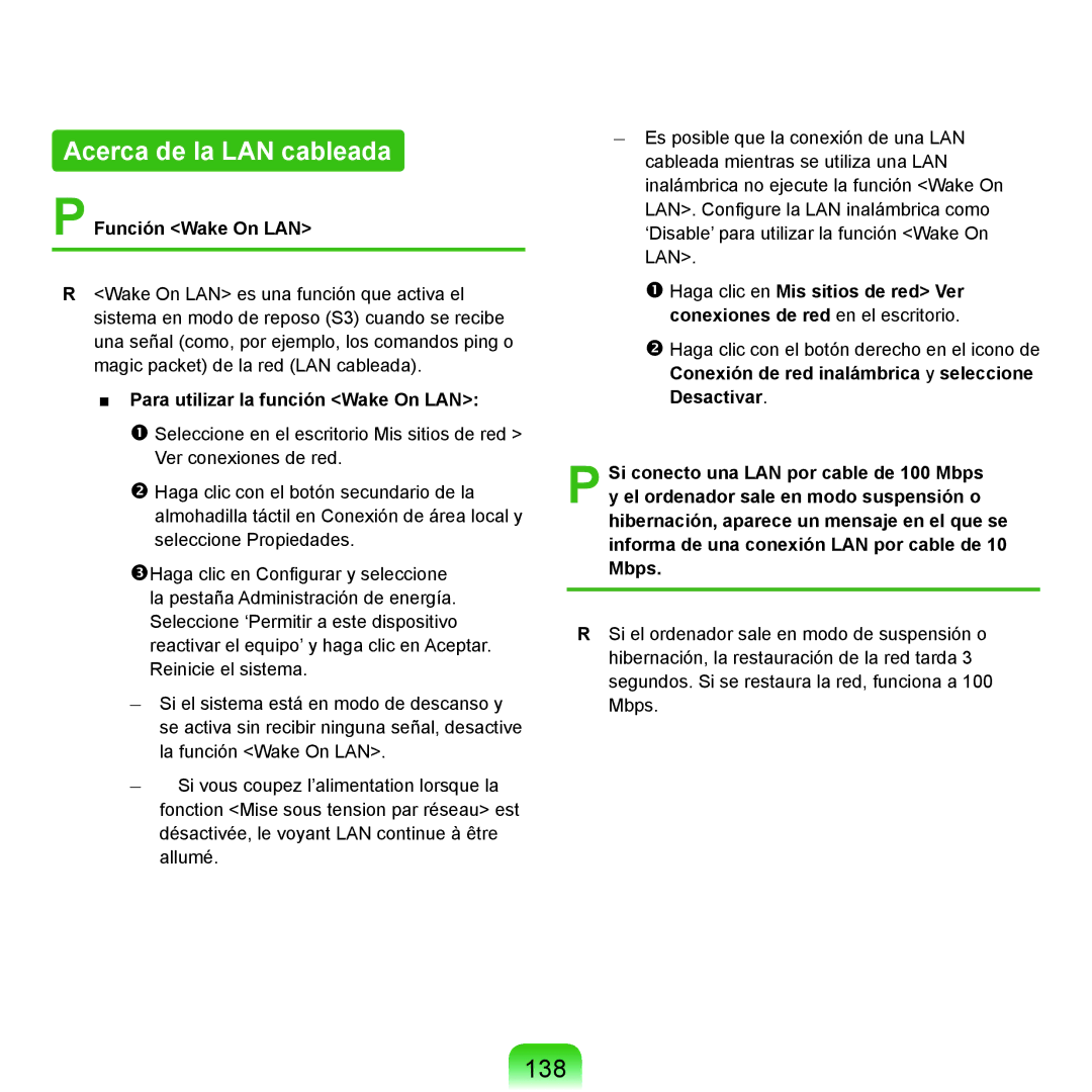 Samsung NP-P55/V01/SES manual Acerca de la LAN cableada, 138, Función Wake On LAN, Para utilizar la función Wake On LAN 