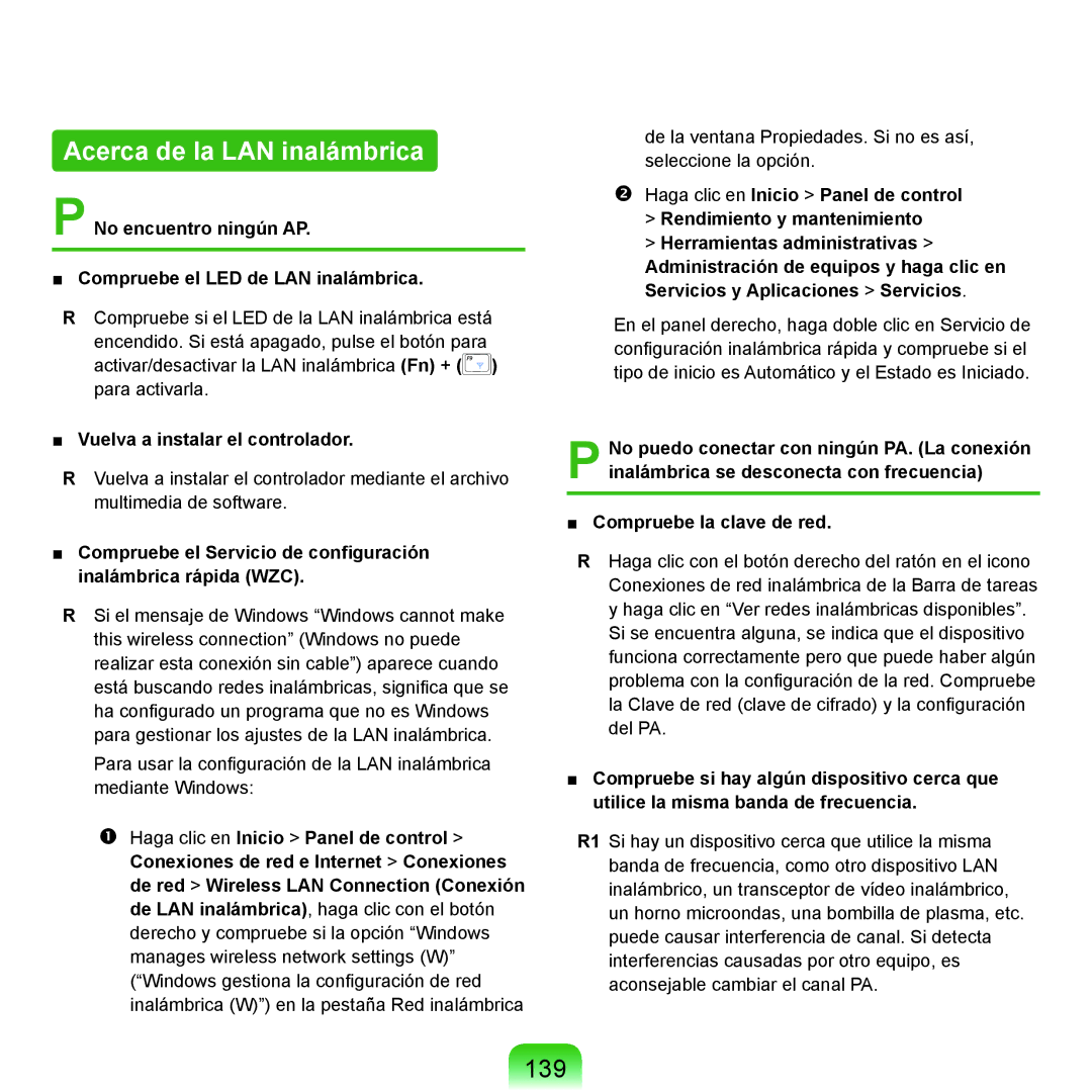 Samsung NP-P55CV01/SES manual Acerca de la LAN inalámbrica, 139, No encuentro ningún AP Compruebe el LED de LAN inalámbrica 