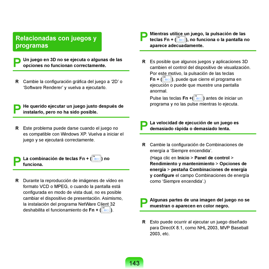 Samsung NP-P55ZBM/SES, NP-P55/V01/SES Relacionadas con juegos y programas, 143, La combinación de teclas Fn + no funciona 