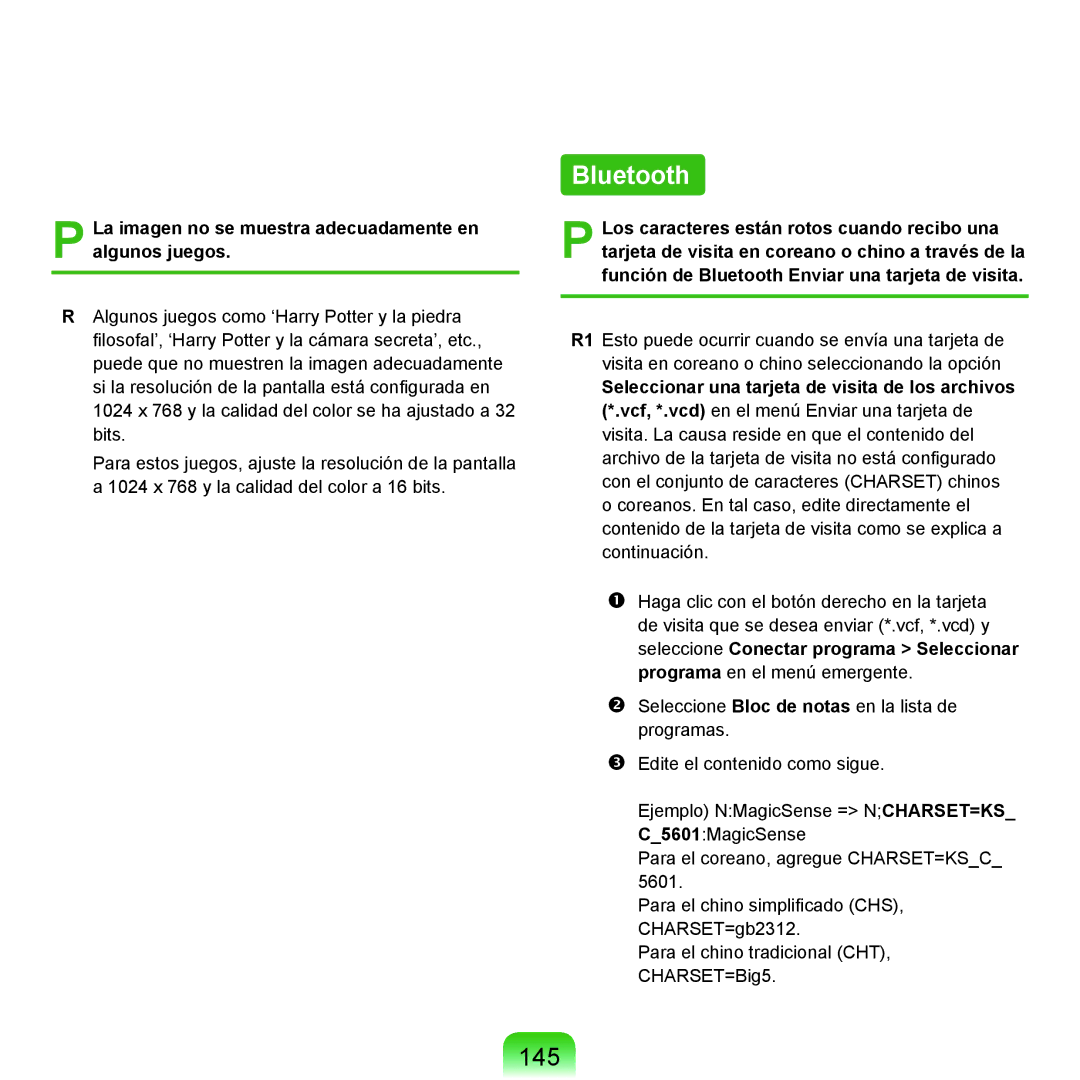 Samsung NP-P55CV01/SES, NP-P55ZBM/SES manual Bluetooth, 145, La imagen no se muestra adecuadamente en algunos juegos 