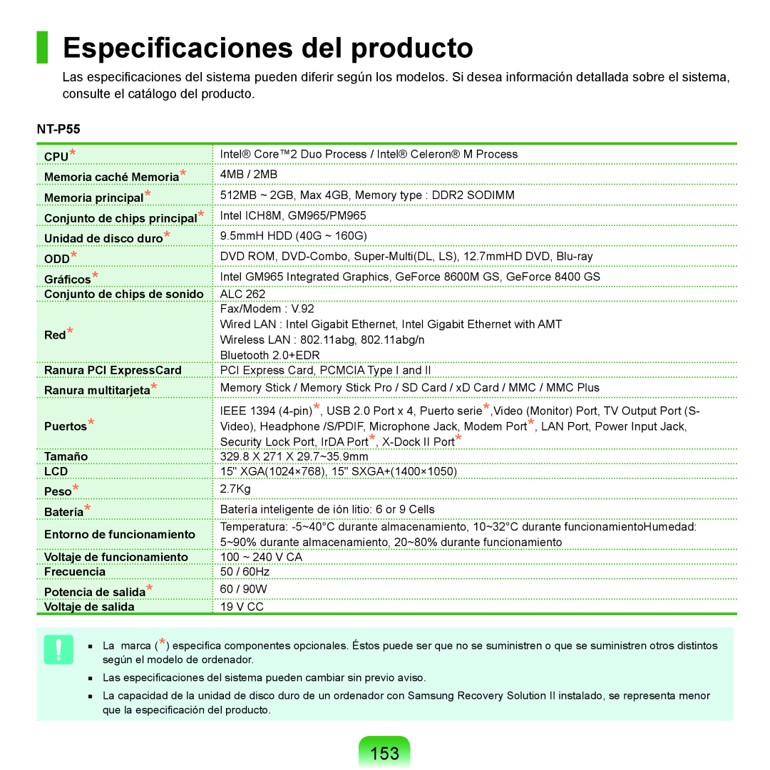 Samsung NP-P55T000/SES, NP-P55ZBM/SES, NP-P55/V01/SES, NP-P55CV01/SES manual Especificaciones del producto, 153, NT-P55 