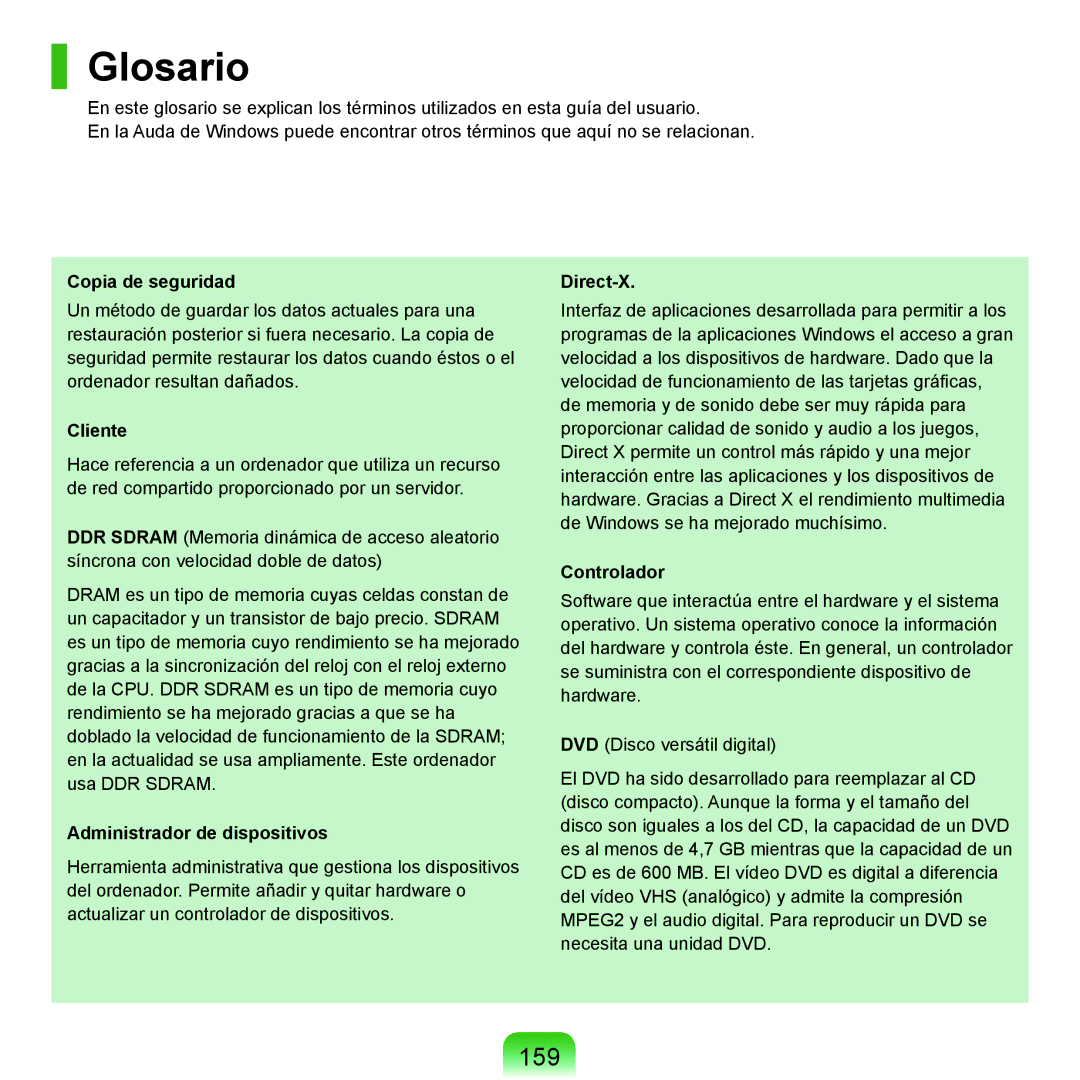 Samsung NP-P55T000/SES, NP-P55ZBM/SES, NP-P55/V01/SES, NP-P55CV01/SES, NP-P55TV01/SES, NP-P55CV02/SES manual Glosario, 159 