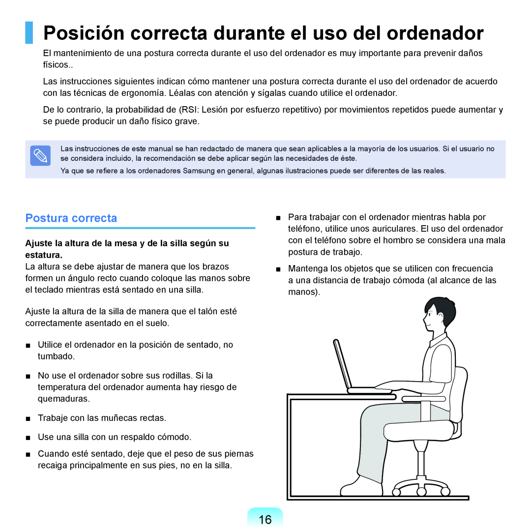 Samsung NP-P55CV02/SES, NP-P55ZBM/SES, NP-P55/V01/SES manual Posición correcta durante el uso del ordenador, Postura correcta 