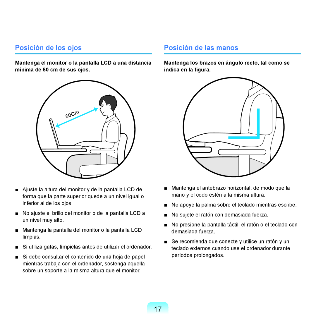 Samsung NP-P55ZBM/SES, NP-P55/V01/SES, NP-P55CV01/SES, NP-P55TV01/SES manual Posición de los ojos, Posición de las manos 