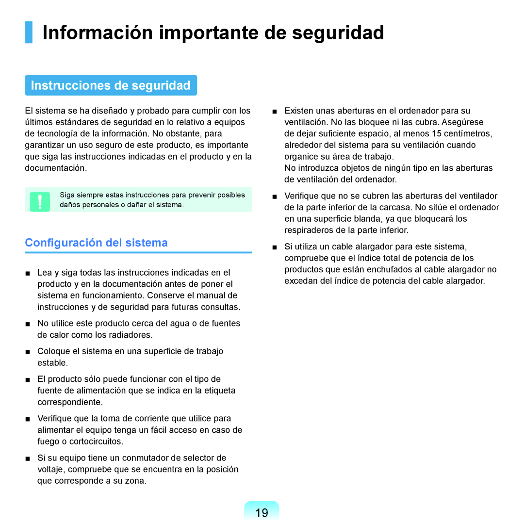 Samsung NP-P55CV01/SES manual Información importante de seguridad, Instrucciones de seguridad, Configuración del sistema 