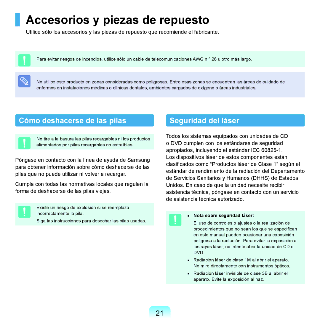 Samsung NP-P55T000/SES manual Accesorios y piezas de repuesto, Cómo deshacerse de las pilas, Nota sobre seguridad láser 