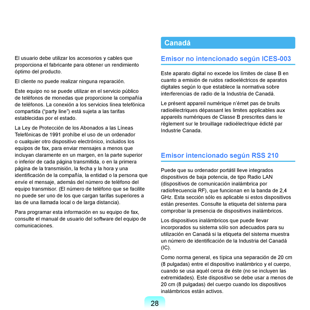 Samsung NP-P55CV02/SES, NP-P55ZBM/SES manual Canadá, Emisor no intencionado según ICES-003, Emisor intencionado según RSS 