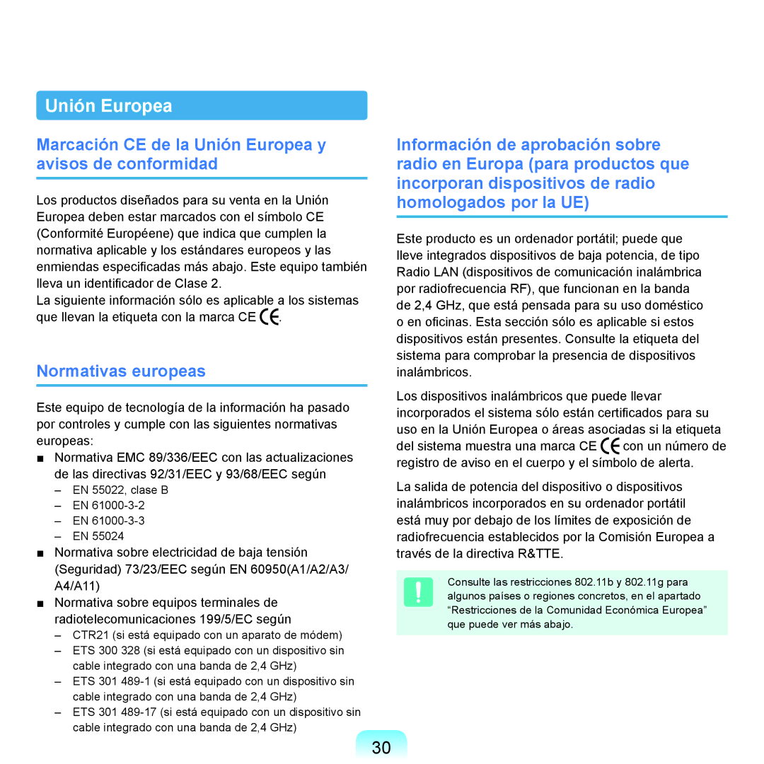 Samsung NP-P55/V01/SES, NP-P55ZBM/SES Marcación CE de la Unión Europea y avisos de conformidad, Normativas europeas 