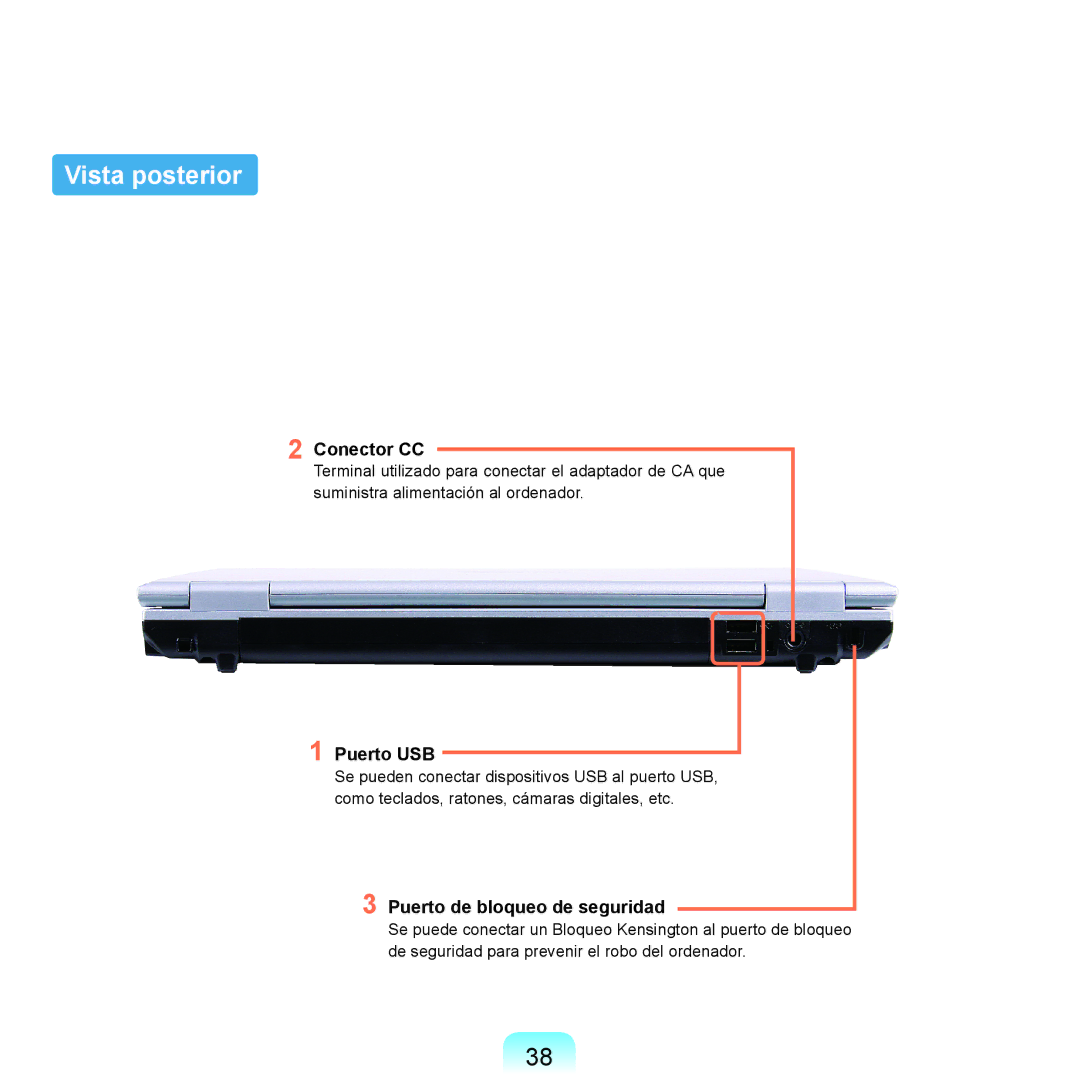 Samsung NP-P55TV01/SES, NP-P55ZBM/SES, NP-P55/V01/SES manual Vista posterior, Conector CC, Puerto de bloqueo de seguridad 