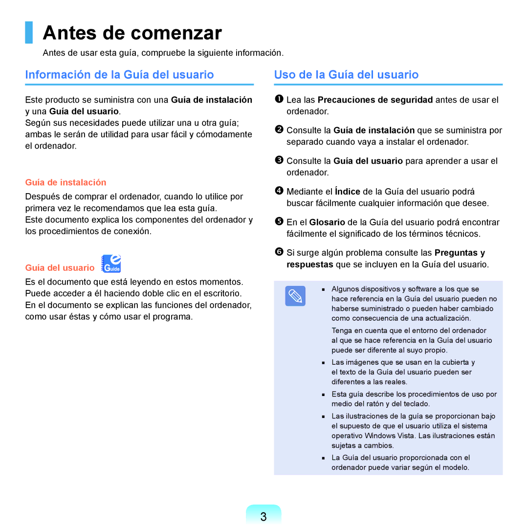 Samsung NP-P55T000/SES, NP-P55ZBM/SES Antes de comenzar, Información de la Guía del usuario, Uso de la Guía del usuario 