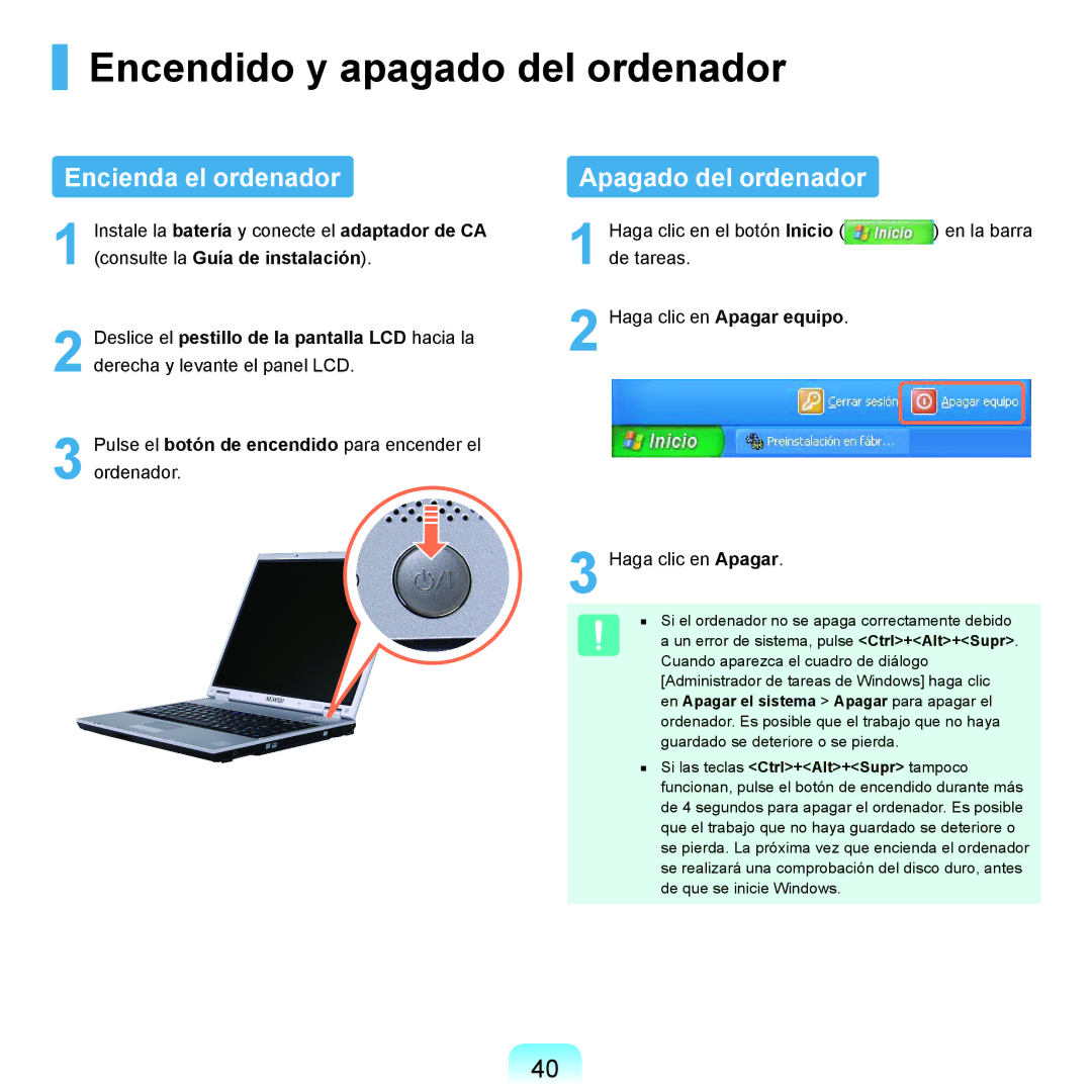 Samsung NP-P55CV02/SES, NP-P55ZBM/SES manual Encendido y apagado del ordenador, Encienda el ordenador Apagado del ordenador 