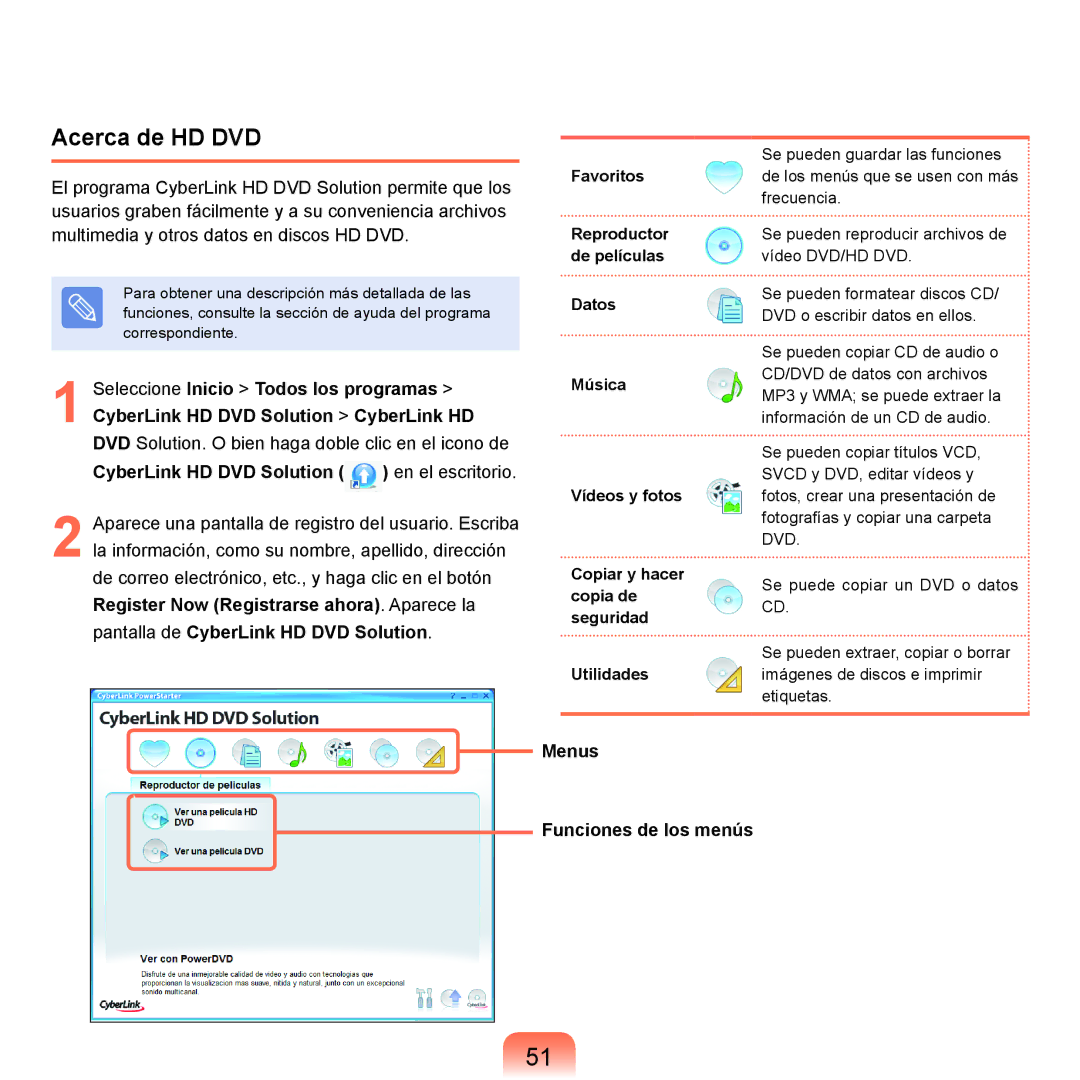 Samsung NP-P55T000/SES, NP-P55ZBM/SES, NP-P55/V01/SES, NP-P55CV01/SES manual Acerca de HD DVD, Menus Funciones de los menús 