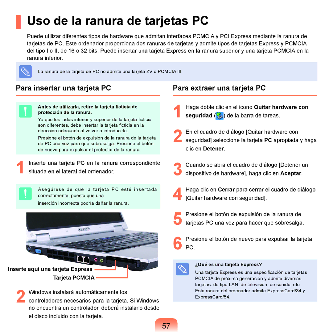 Samsung NP-P55T000/SES manual Uso de la ranura de tarjetas PC, Para insertar una tarjeta PC, Para extraer una tarjeta PC 