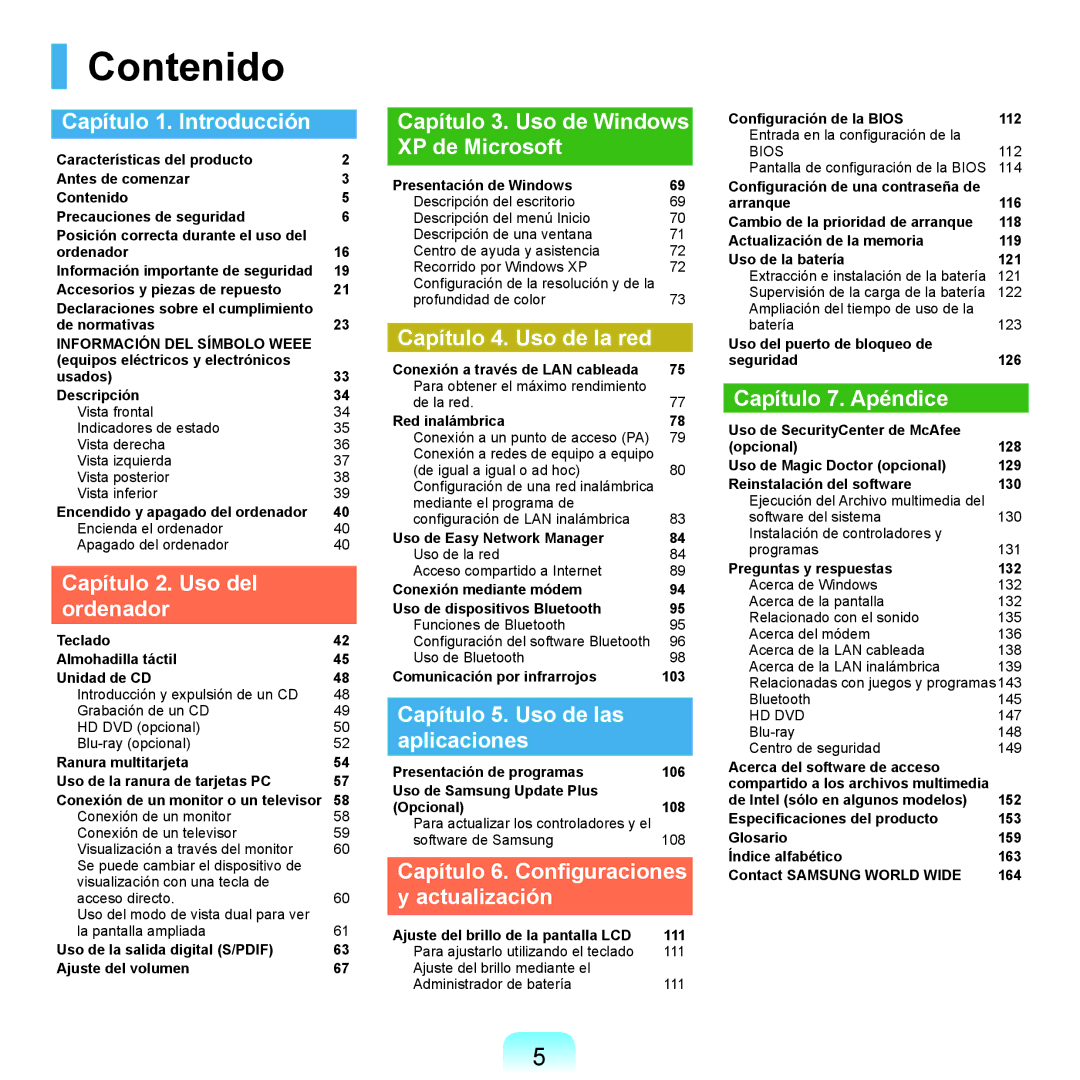 Samsung NP-P55ZBM/SES, NP-P55/V01/SES, NP-P55CV01/SES, NP-P55TV01/SES, NP-P55T000/SES, NP-P55CV02/SES manual Contenido 