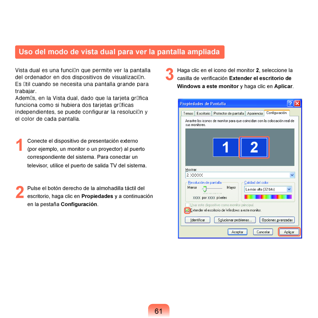 Samsung NP-P55CV01/SES, NP-P55ZBM/SES, NP-P55/V01/SES manual Uso del modo de vista dual para ver la pantalla ampliada 