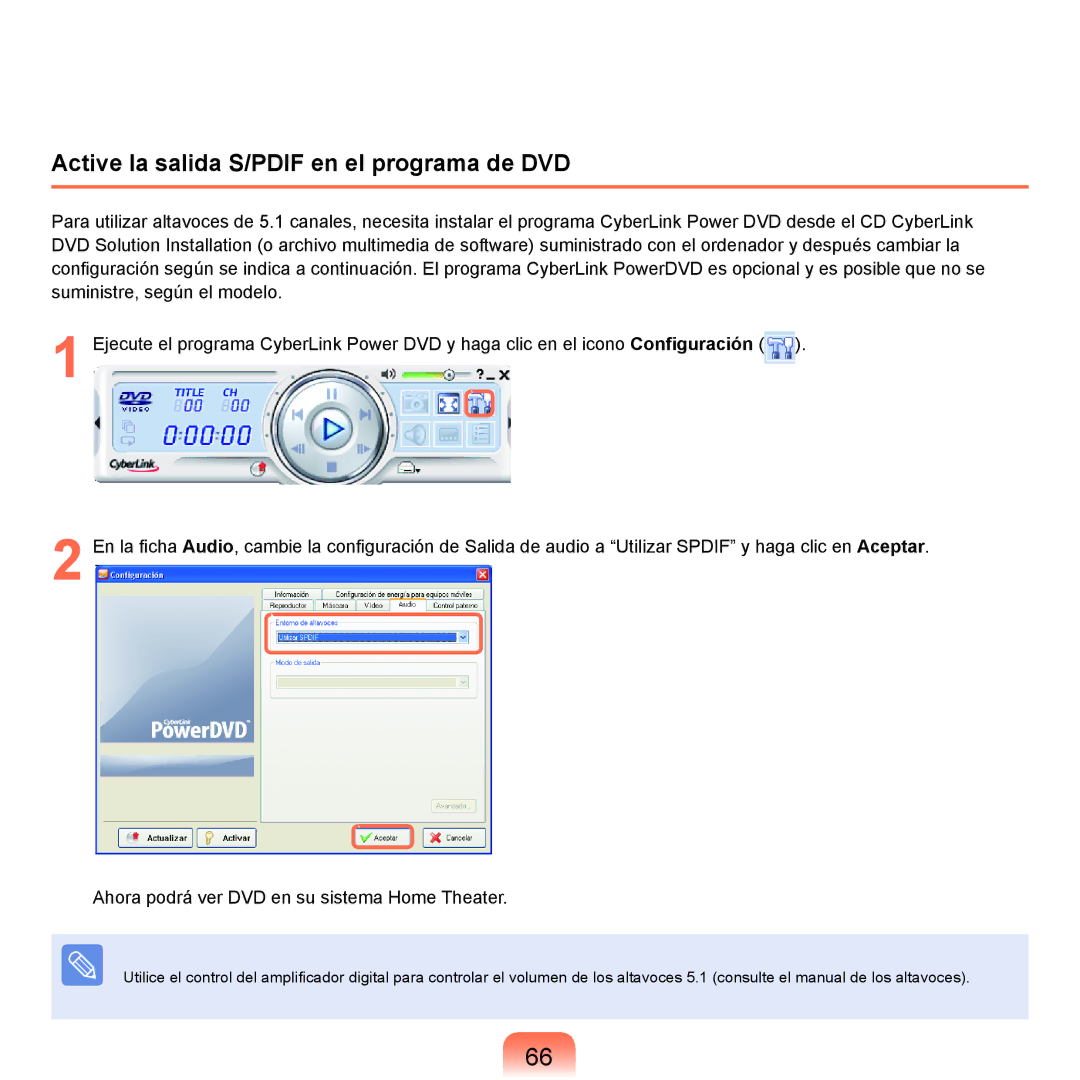 Samsung NP-P55/V01/SES, NP-P55ZBM/SES, NP-P55CV01/SES, NP-P55TV01/SES manual Active la salida S/PDIF en el programa de DVD 