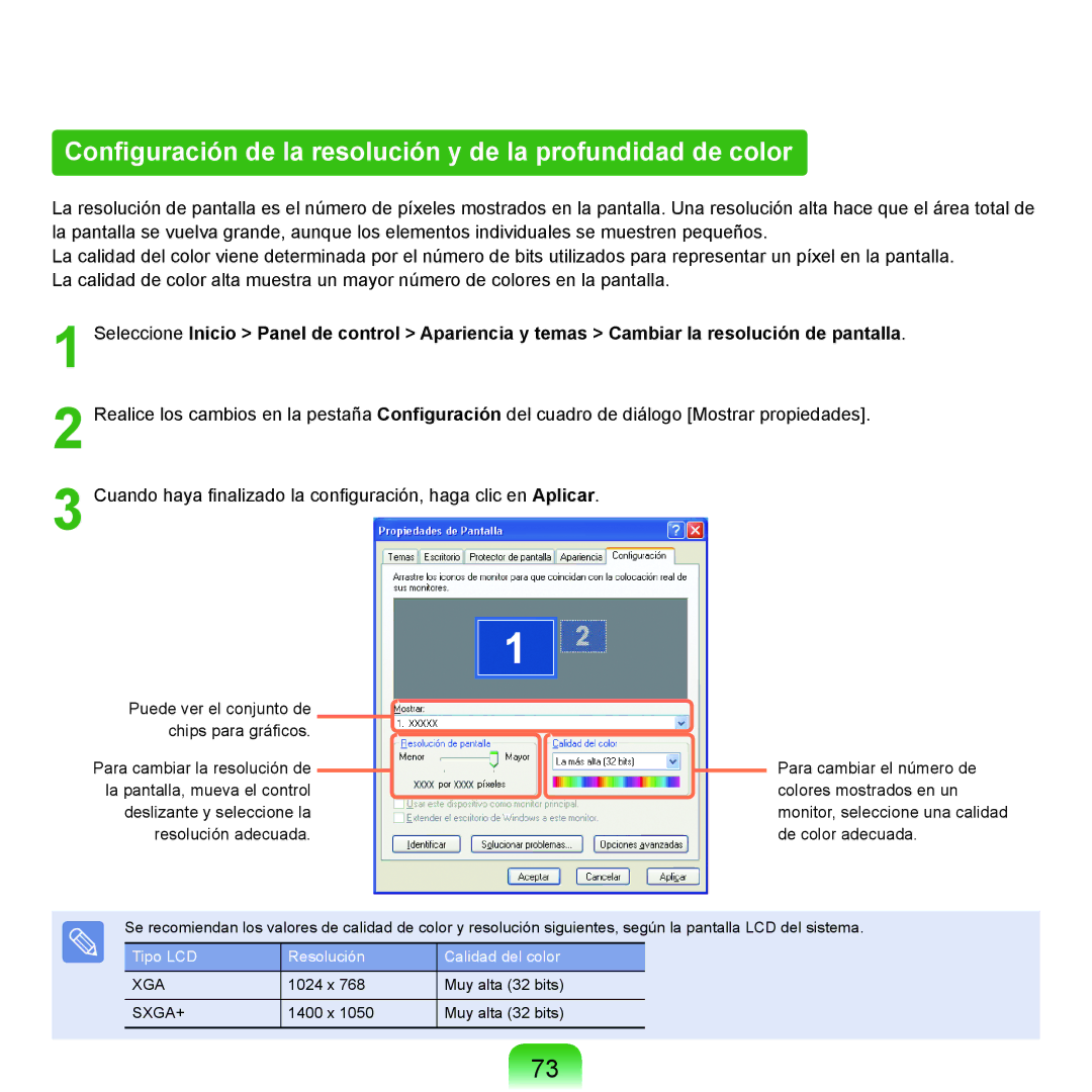 Samsung NP-P55CV01/SES Configuración de la resolución y de la profundidad de color, Resolución adecuada De color adecuada 