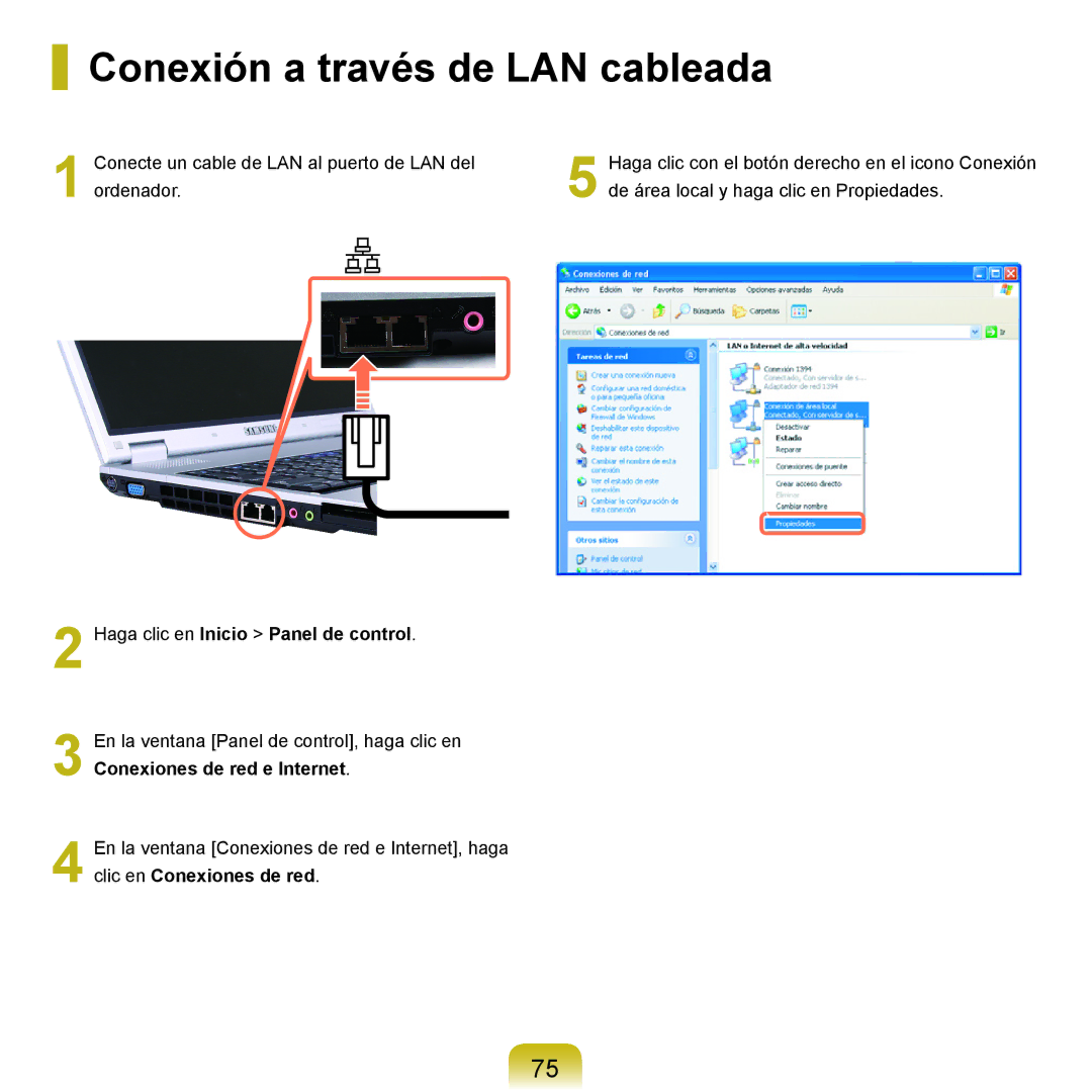 Samsung NP-P55T000/SES, NP-P55ZBM/SES manual Conexión a través de LAN cableada, Haga clic en Inicio Panel de control 